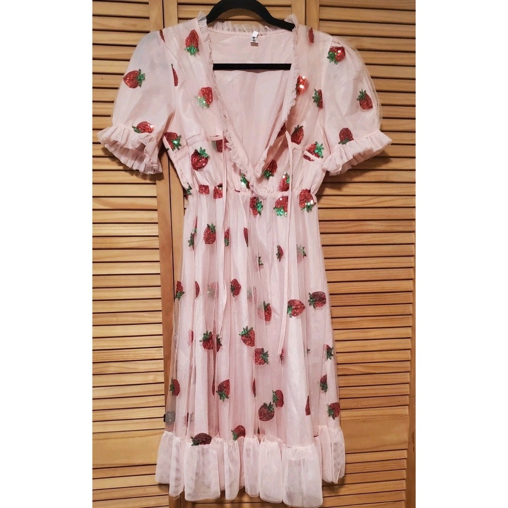Strawberry Tulle Dress Womens Medium Pink Sequin Mesh Puff Sleeve Pastel